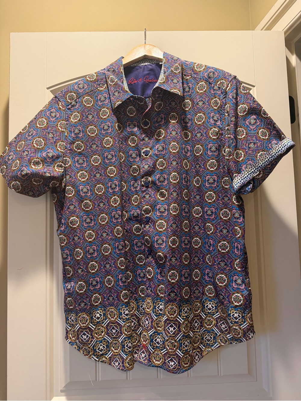 Robert Graham Purple Geometric-Print Short Sleeve Button-Down Shirt